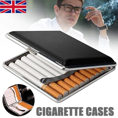 £4.99 • Buy Metal Faux Leather Cigarette Case Box Holder Storage Tobacco 20 Cigarettes Gift
