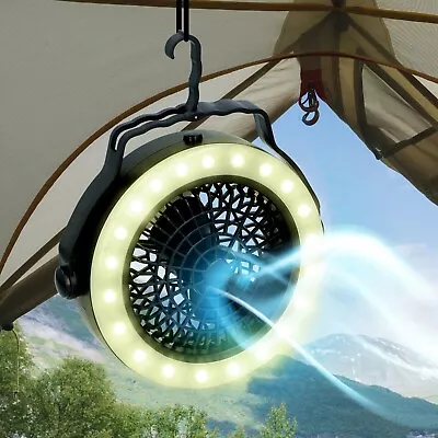 2 In 1 Portable Camping LED Light With Fan Tent Lamp Caravan Hanging Lantern • £11.29