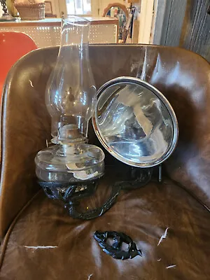 Vintage Antique Wall Mounted Oil Lamp W/ 9  Mercury Reflector & Cast Iron Holder • $76.95