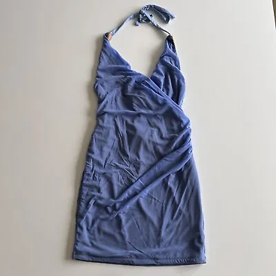 Majorelle Size XS Ruched Vneck Halter Mesh Mini Dress W/ Tie Back Blue • $24