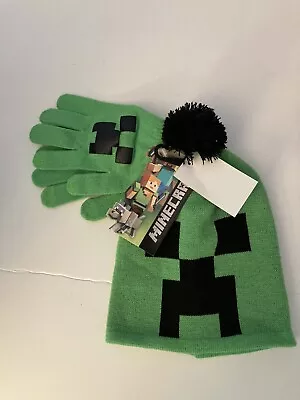 Minecraft JINX Kids Nwt Green Creeper Beanie Knit Winter Hat & Gloves Set Combo • $20.70