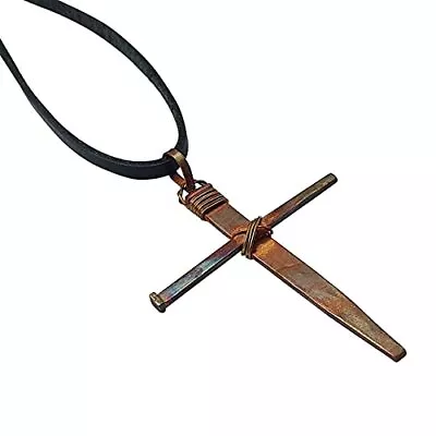 Rustic Cross Necklace - 24’’ Genuine Leather Cord – 3 Nails Cross Pendant -Cr... • $33.96