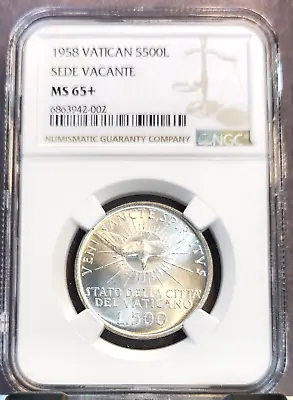 1958 Vatican Silver 500 Lire S500l Sede Vacante Ngc Ms 65+ Gem Bu Great Luster • $99.95