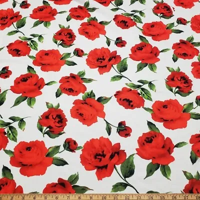 Big Red Cabbage Roses Cotton Knit Fabric • £11.56