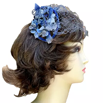 Antique Blue Velvet Ladies Hat  Silk  Velvet Blue Flowers Silvery Centers Veil • $17.99