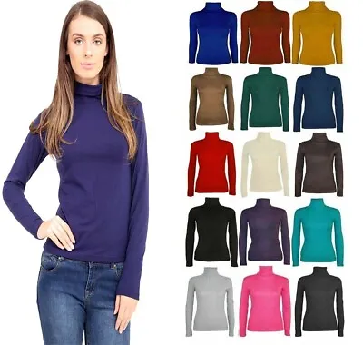 Womens Polo Neck Top Stretch Ladies Long Sleeve Turtle Neck Top Jumper 8-26 • £4.99
