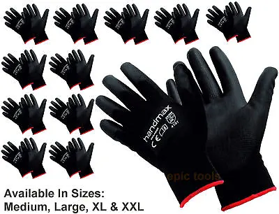 £10.95 • Buy 12 X HANDMAX Black PU Safety Work Dexterity Grip Builders Gloves,Medium - XXL