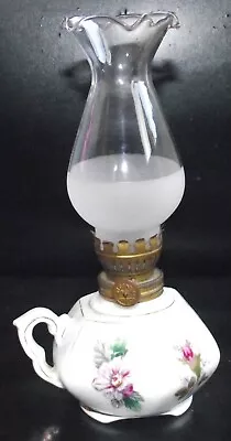 Vintage Miniature Oil Lamp. Pottery Base With Clear & Frosted Glass Shade • £9