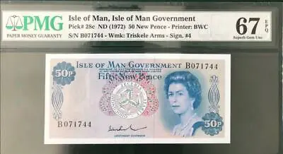 PMG 67 British Administration UK Isle Of Man 1972 Banknote 50 New Pence EPQ • $135