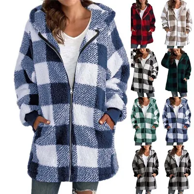 Ladies Fleece Teddy Bear Check Coat Overcoat Zip Hooded Jacket Jumper Plus Size • £14.61