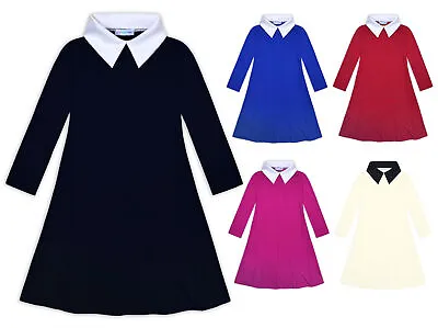 £9.99 • Buy Girls Swing Dress Collar Skater Long Sleeve A-Line Flared Dresses Age 5-13 Years