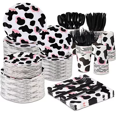 350 Pcs Pink Cow Print Party Supplies Cow Party Tableware Set Serve 50 Cow Pr... • £71.44