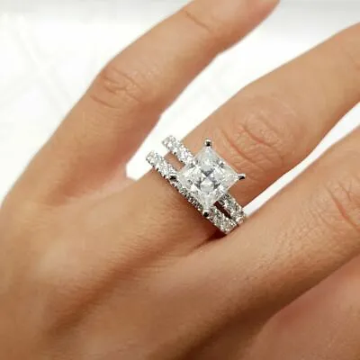 £98.99 • Buy 3 Ct Princess Cut 2 Piece Engagement Wedding Ring Band Set 14K White Gold Finish