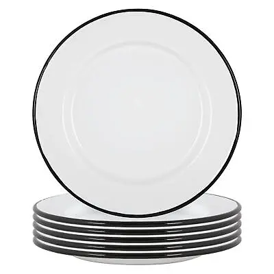 6x White Enamel Dinner Plates Metal Outdoor Camping Food Dishes 25.5cm Black • £19