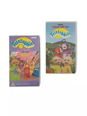 TELETUBBIES X2 UH-OH!  MESSES And MUDDLES & DANCE WITH THE PAL VHS VIDEO • $19.50