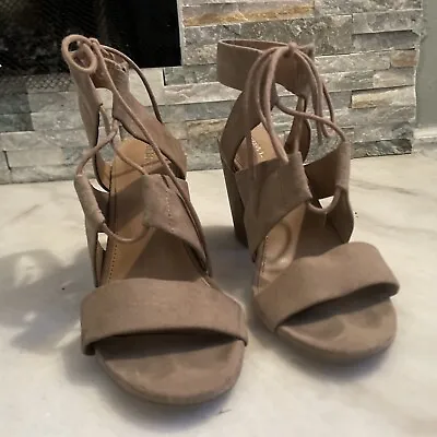 Merona Tan Faux Suede Lace Up Open Toe Heel Sandal Size 8.5 • $15