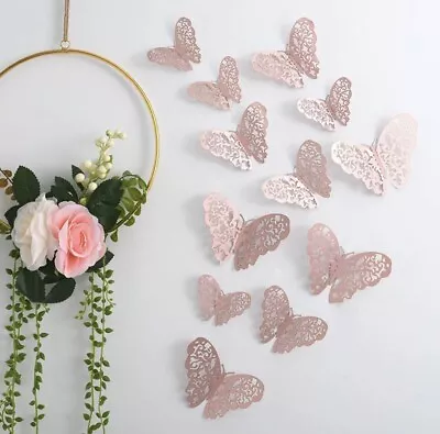 12 Pcs 3D Butterflies Wall Art Rose Gold Cake Topper Dessert Decor Home • £3.88