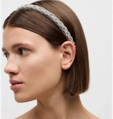 J Crew Gray Silver Clear Crystal Rhinestone Skinny Braided Headband NWT NEW • $25.49