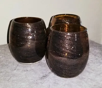 Set Of 3 Mikasa Brown Amber Votives Sparkle Hand Blown Glass  Candle Holders • $17