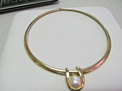 Heavy Duty 17 In. Curved Omega Necklace With Mabe Pearl Slide 14k   MAKE OFFER • $4341.05