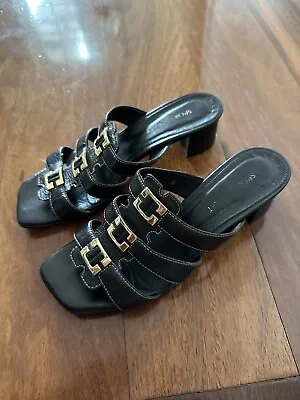 Sportscraft Y2K Black Sandals Fendi Heels Shoes 38 ✨ Sexy Leather Gold Buckle 7 • $70