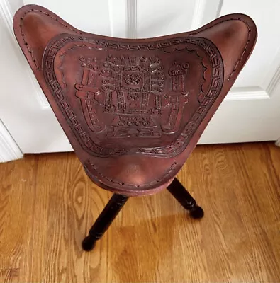 Vintage Handcrafted Mexican Leather Saddle Seat Folding Tripod Camp Foot Stool • $160