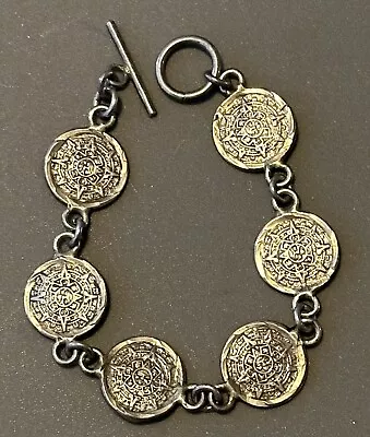 Vintage 925 Sterling Silver MEXICO Mayan Sun Calendar Link 7.5” Bracelet 23.6gm • $40