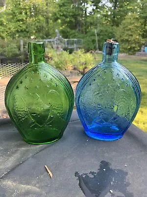 2 Vintage Empire Glassworks Green & Blue Glass Bottle Eagle Grapes Embossed 8  • $8