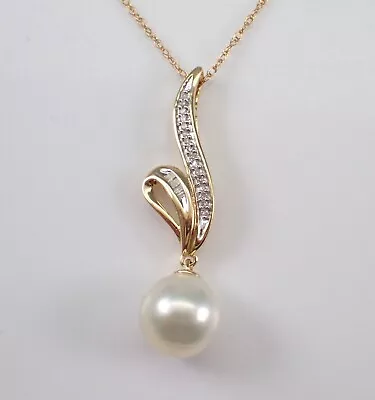 14K Yellow Gold Pearl And Diamond Charm Pendant Necklace Chain • $549