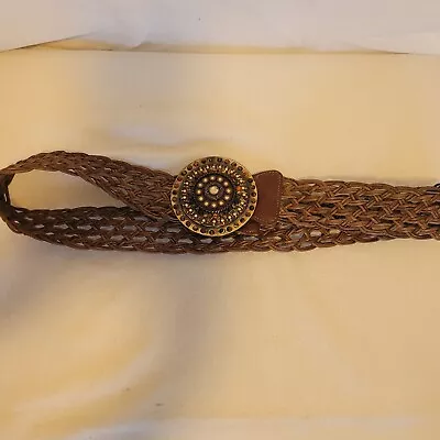 VTG LeatheRock USA Jeweled Woven Leather Belt Stone Mineral Western Buckle M 34 • $35