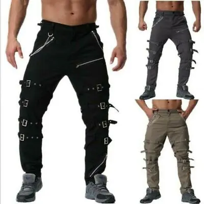 Mens Punk Pants Buckle Strap Zipper Overalls Cotton Cargo Combat Gothic Trousers • $46.63