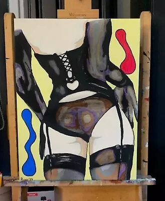 'She Puts On Her Mystery'  Orig Painting On Canvas Pop Art  Woman Corset Nylons • $85