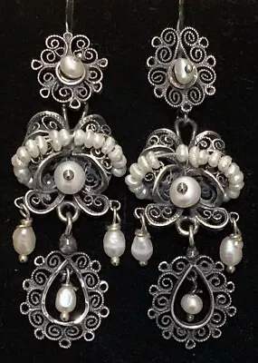 Mexican Sterling Silver Pearl Filigree Frida Earrings • $168