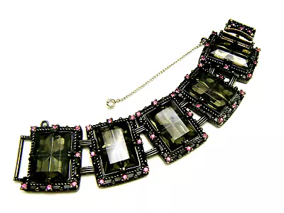 VTG Sarah Coventry Midnight Magic Bracelet Smoke Glass Pink Rhinestones • $67.49