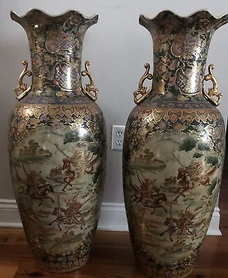 $10950 • Buy Antique Pair (2) 36” Japanese Satsuma  Samurai Vase Meiji Huge Palace Palatial