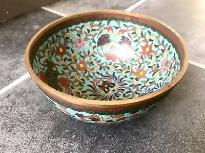 Antique CHINESE ASIAN CLOISONNE CHAMPLEVE Brass BOWL Enamel TURQUOISE Vintage • £149.95