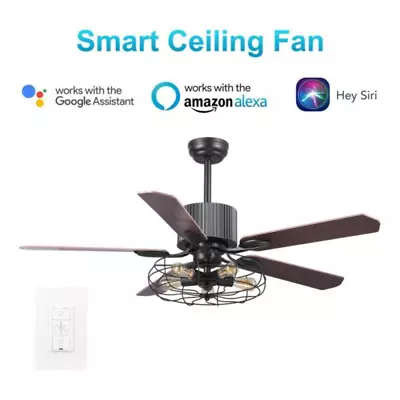 52  Smart Ceiling Fan + Remote Steampunk Light Cage Lamp Modern Loft Lodge Cabin • $349.99