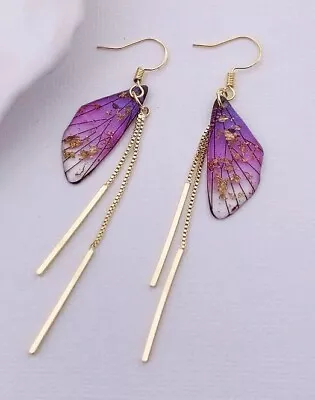 Butterfly Wings Earrings Purple With Gold Flecks 2 Gold Chain Drops Hook Close • $20.95