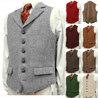 Mens Tweed Vests Retro Groom Vintage Herringbone Waistcoats Formal Business L XL • $44.54