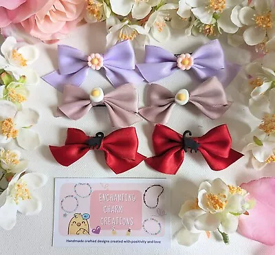 Set Of 3 Small Cute Bow Hair Accessories Clips Cabochon Pink Purple Red Kawaii • £9.99