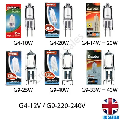 G4 G9 Capsule Light Bulb Halogen 10W 20W 14W 25W 40W 12v 240v Eveready Energizer • £34.99