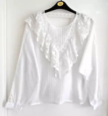 True Vintage Beautiful White Frilled Victorian Style Blouse Top Size 12 To 14 • £39.99