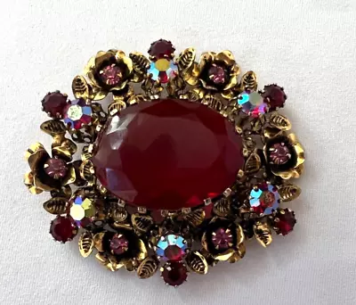 Vintage Red Pink Rhinestone Brooch Gold Tone Detail Signed Austria • $25