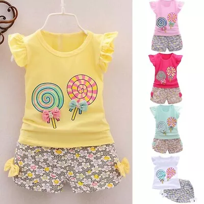 2PCS Toddler Kids Baby Girls Outfits Lolly T-shirt Tops+Short Pants Clothes Set • $28.79