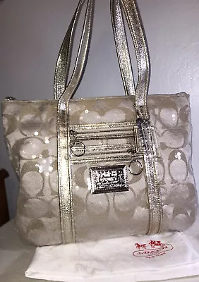 Rare Coach Gold & Beige Poppy Sequin Shoulder Bag Tote #14536 + Duster • $58