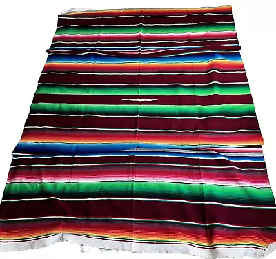 Vintage Mexican Serape Saltillo Blanket Woven Stripes Southwest Wool 88 X60  • $66.75