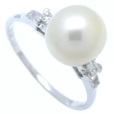 MIKIMOTO 14K White Gold Ring Pearl 8.0mm Diamond Size 7.25-7.5 /291383 • $272