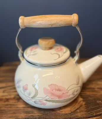 Vintage Enamelware Tea Pot Metal Floral Design Pink Flowers Wood Handle And Top • $14.50