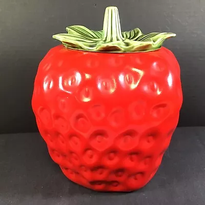 Vintage McCoy 263 Red Strawberry With Green Stem Lid Pottery Art Cookie Jar • $69.95