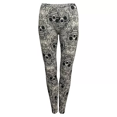 £7.49 • Buy Ladies Womens Skull Face Skeleton Print Stretchy Floral Leggings Sizes Uk 8 - 26